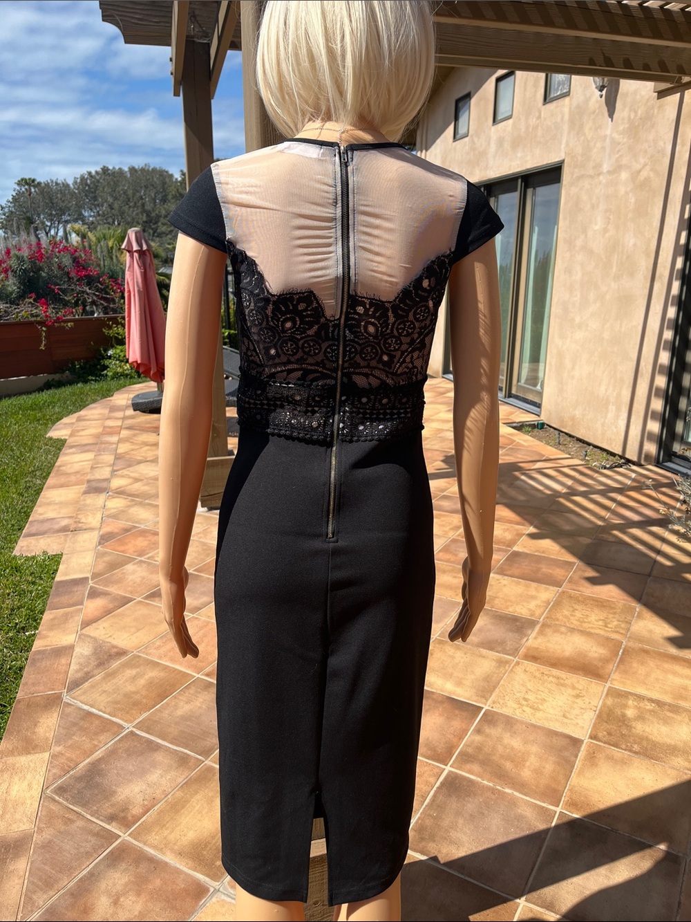 Black Lace Midi Dress with Sheer Illusion Bodice - Picture 4 of 7